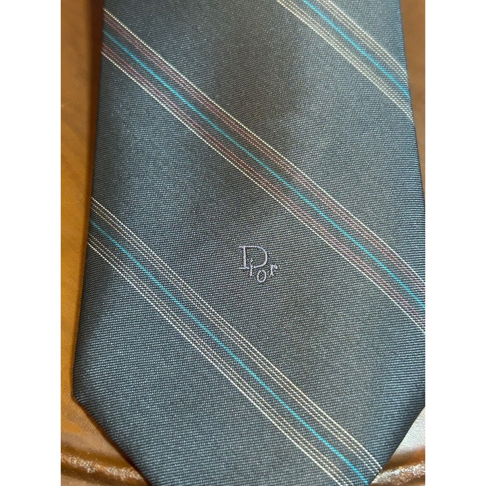 Christian Dior Men's Gray Polyester Silk Blend Tie‎ Striped Necktie